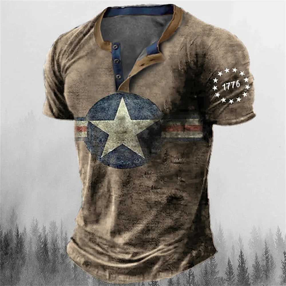Vintage Button V-neck Navigation T Shirt Short Sleeve Gothic Henley Shirt For Men Oversized Tops Tee Shirt Men Punk Streetwear Y250819