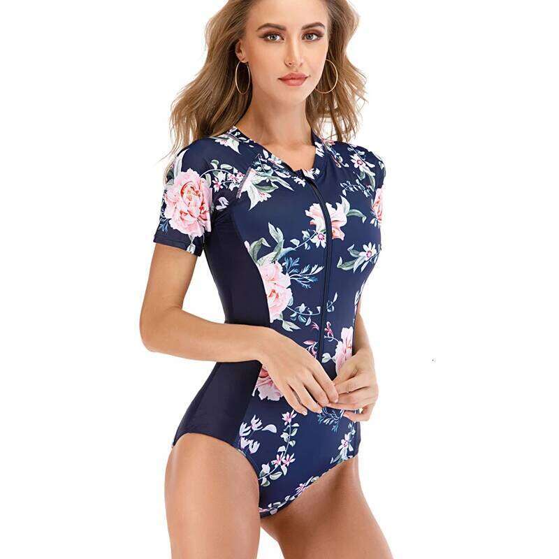 Women White Diving Short Sleeve Zipper Rashguard One-Piece Swimsuit Swimwear Surfing Top Rash Guard Sport Wear S-2Xl Upf50+