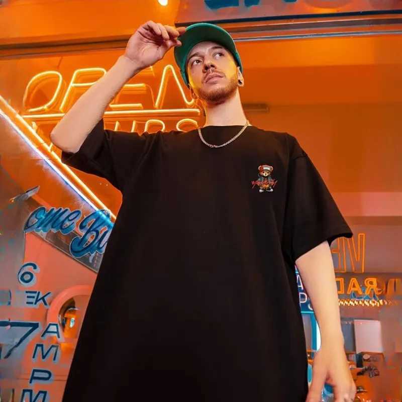 Men Oversize Tee Casual Loose American Denim Jacket Bear Print T-shirt Suitable Men Women Youth T-shirts Y250819