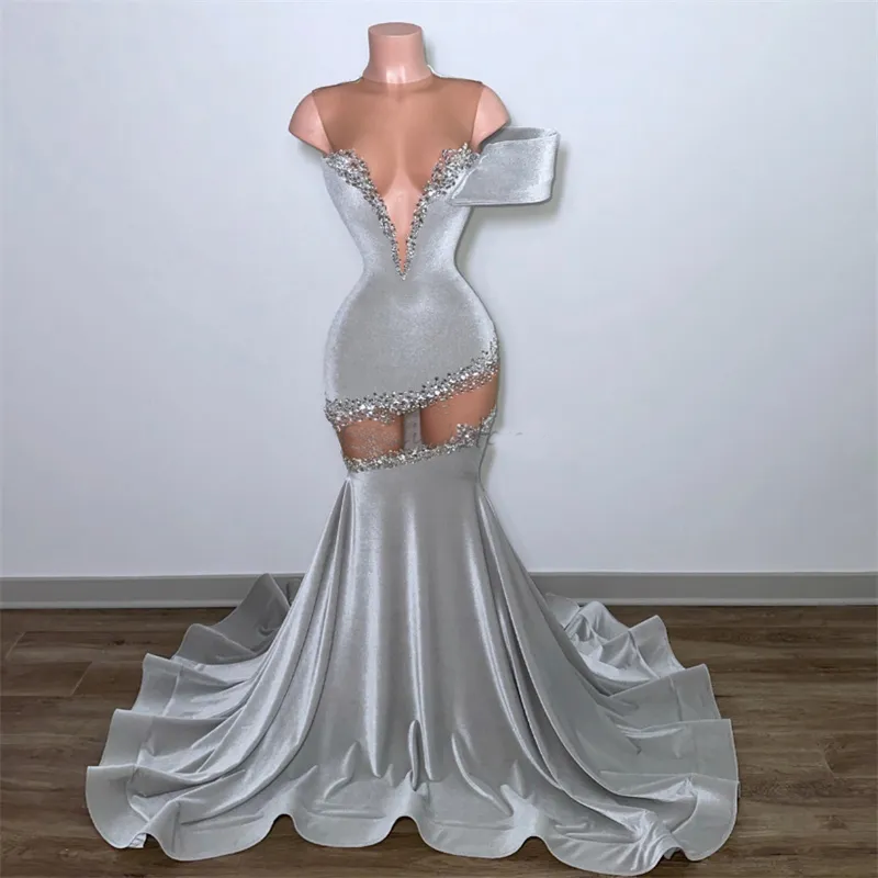Silver Prom Dresses 2026 For Black Women See Through Neck Mermaid Velvet Evening Gowns Aso Ebi Dance Birthday Party Dress
