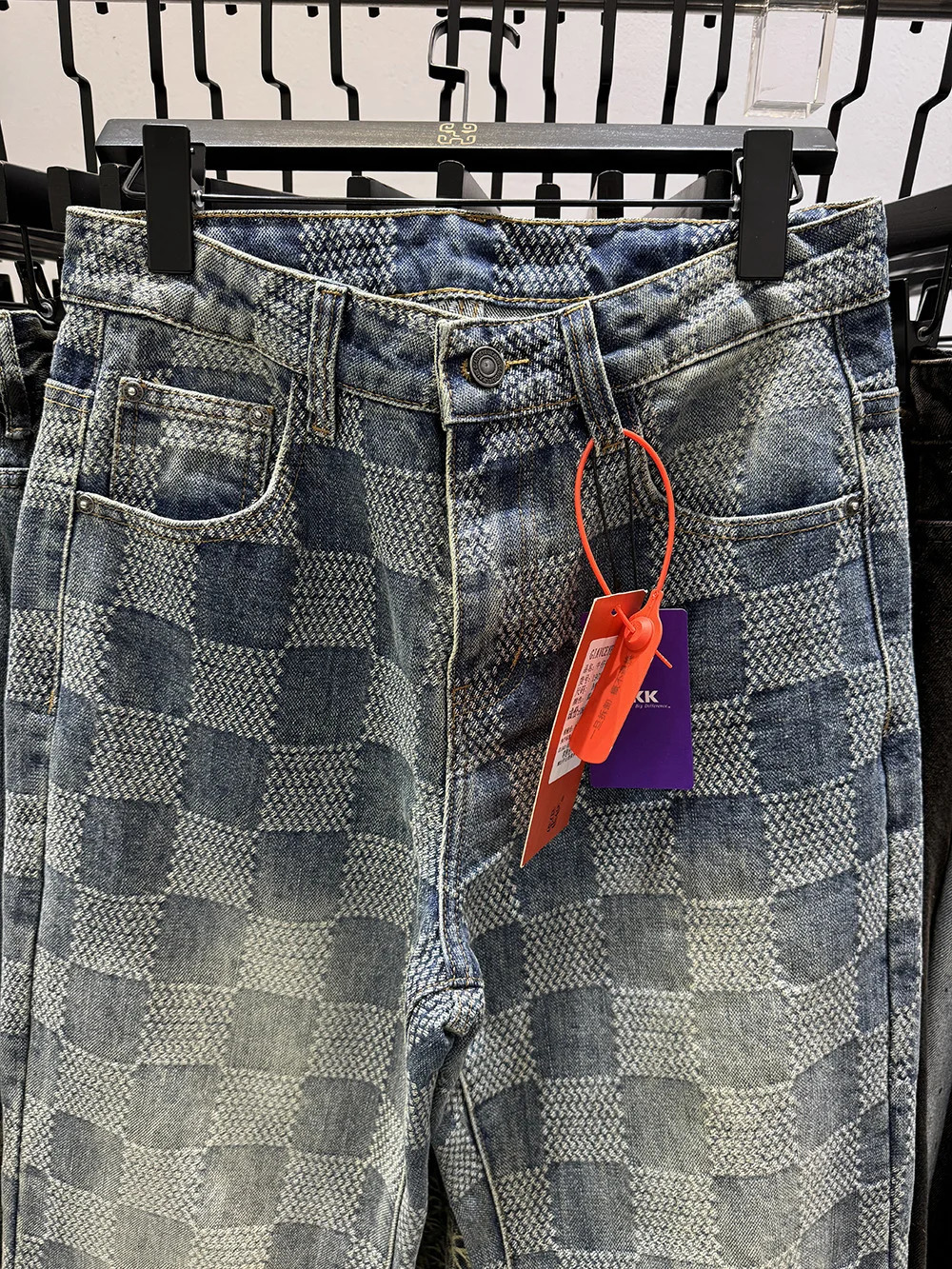 Plaid Pattern Light Blue Mens Jeans Y2k Mid Waist Distressed Pants Loosen Males Streetwear 250820