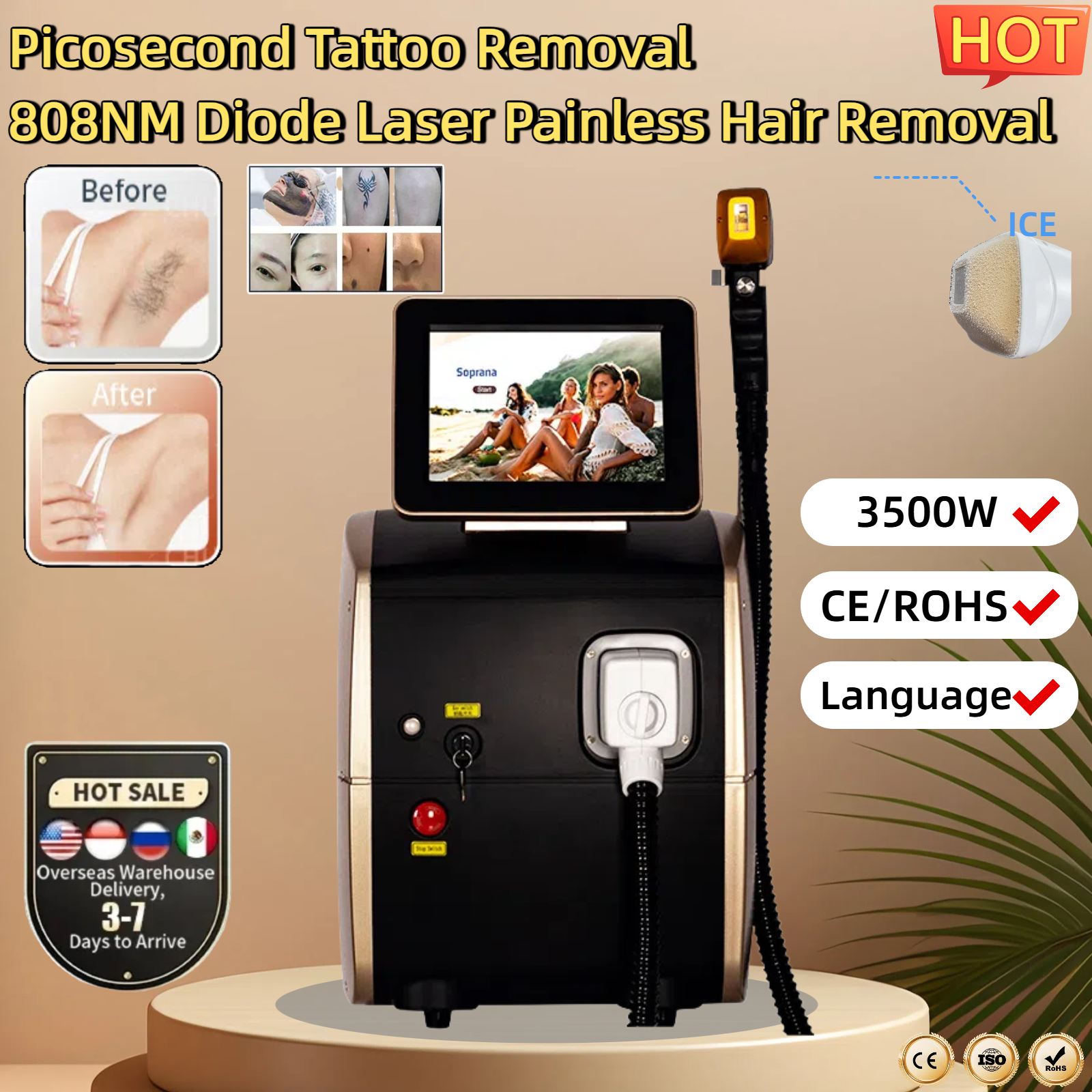 Hot 3000W Face 755/808/1064nm Diode Laser Hair Removal Machine Alexandrit Permanent Painless Physical Underarm Body Care Depilation Equipment CE/ROHS