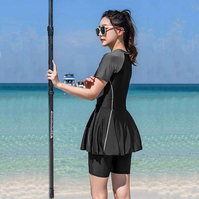 Tunic Split Swimwear Women Two Piece Summer Short Sleeve Swimsuit Vocation Beachwear Modest Bathing Zipper Surfing Suit
