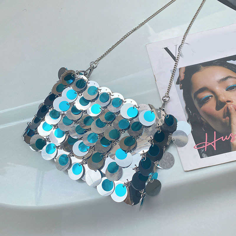 Fresh Beach Style Shiny Sequin Bag Handwoven Metal Chain Small Square Phone Bag Underarm Crossbody Bag