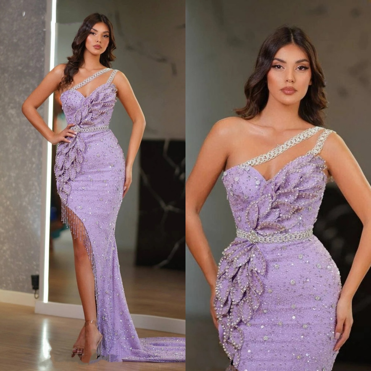 Fashion Mermaid Evening Dresses For Women One Shoulder Sleeveless Gown Appliques Sequins Split Side Floor Length Dress Party Customized Dress