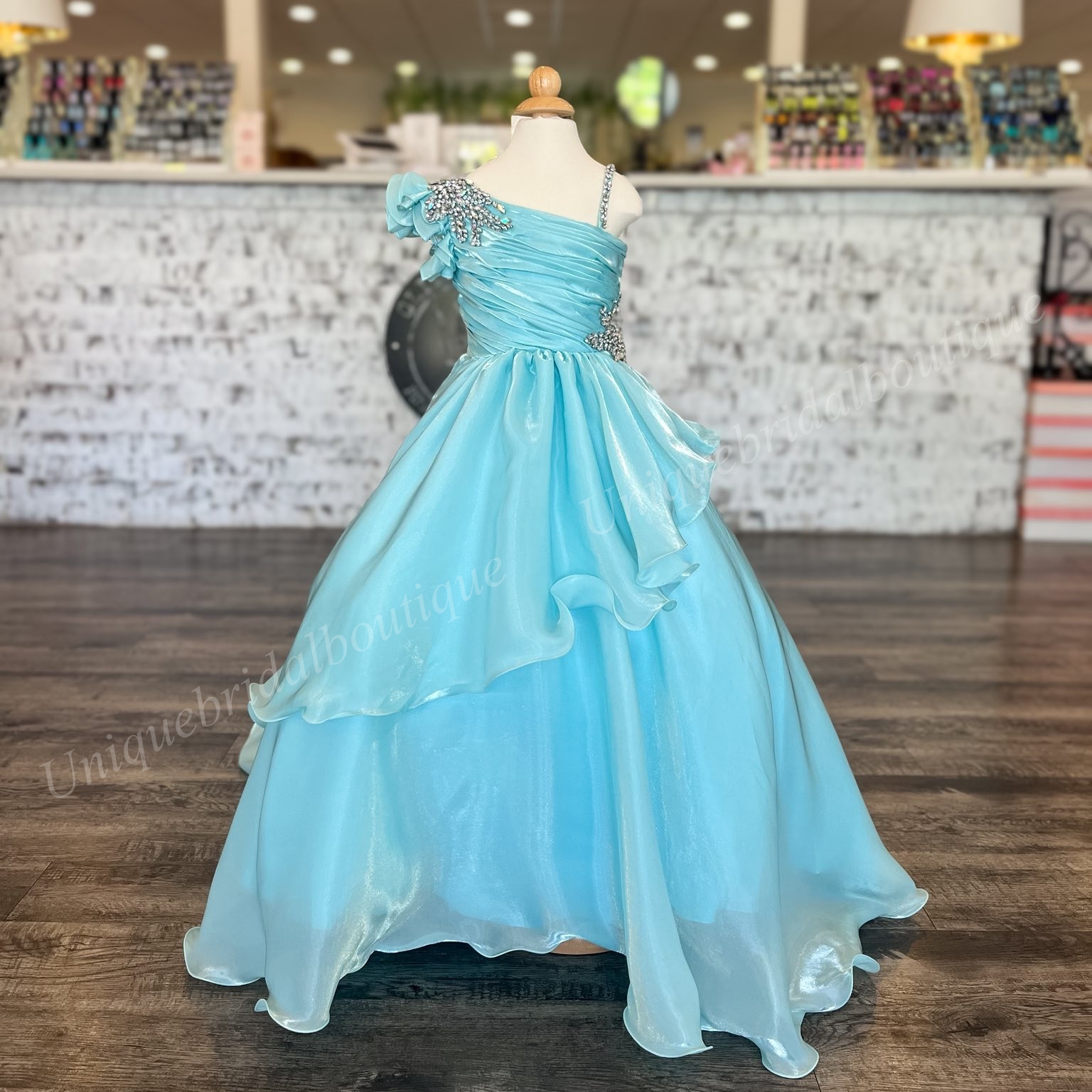 Pink Girl Mini Pageant Queen Dress One-Shoulder Mint Layer Organza Princess Little Kid Birthday Portrait Cocktail Party Gown Teen Miss On-Stage Appear