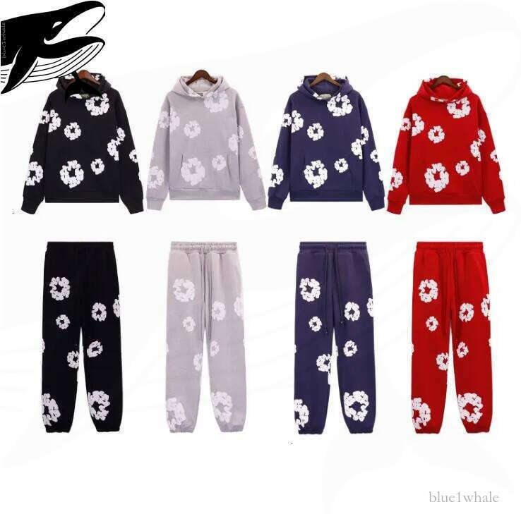 Men women denim Hoodies Design Foam Printed Letters Flower Jogger Casual Drawstring Pants Round Neck Hooded Hoodie Sports Street Set Wreath Sweatshirt a6