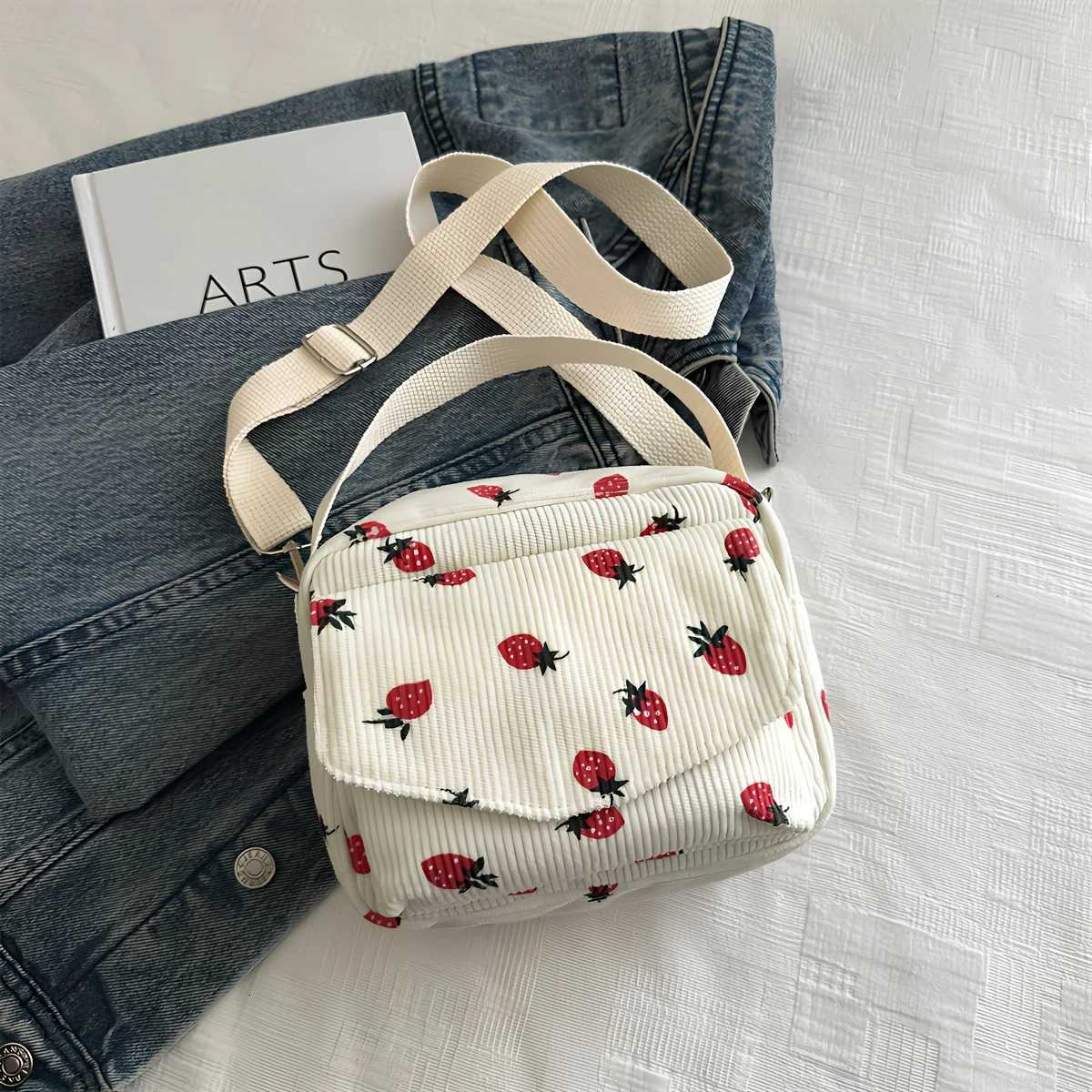 Cute Strawberry Print Corduroy Crossbody Bag Versatile Small Shoulder Purse Perfect for Daily Use Work Casual Travel Outings Y250819