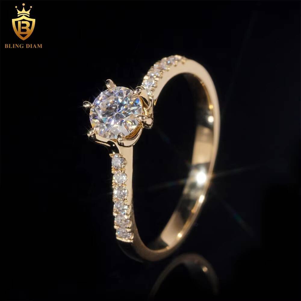 14K Yellow Real Gold VVS Moissanite Diamond Wedding Rings Custom Engagement Ring