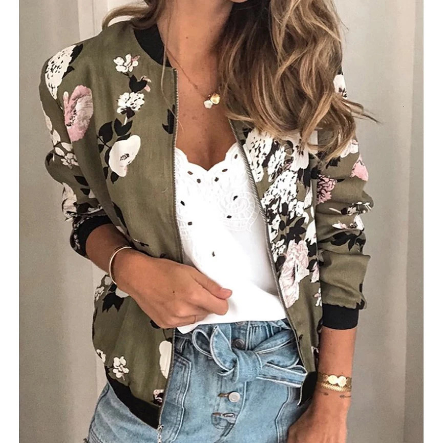 Women Elegant Zipper Bomber Jacket Spring Autumn Floral Printed Jackets Office Wear Slim Coat Retro Outwear 250815