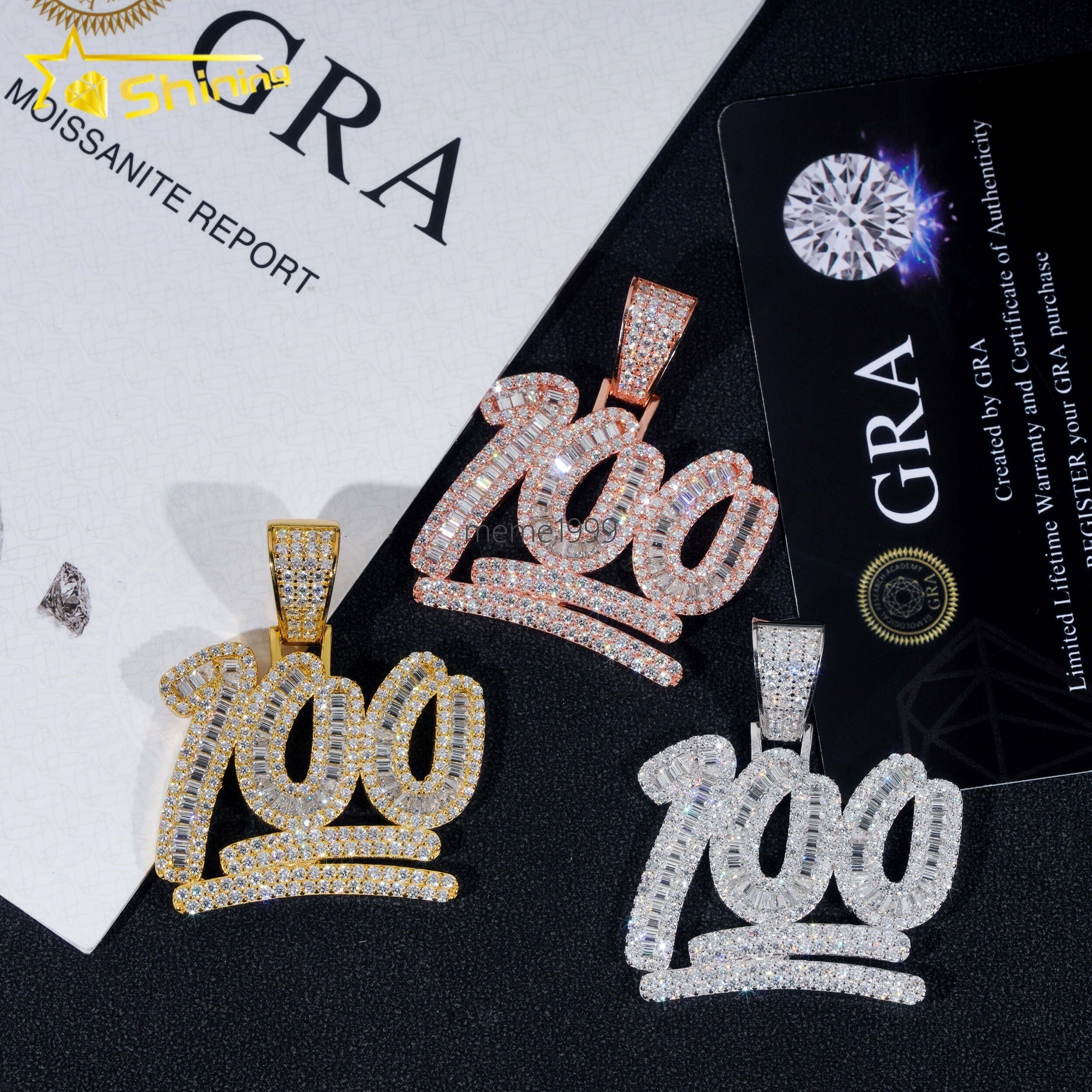 Pass Diamond Tester 925 Sterling Silver Gold Plated Diamond Number 100 Custom Made Iced Out Moissanite Pendant Hip Hop Jewelry