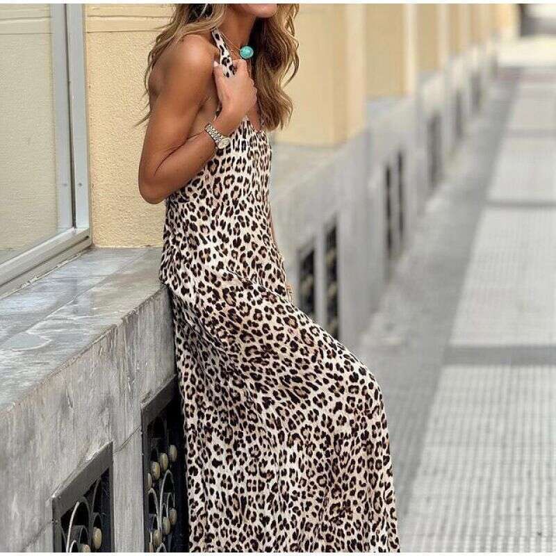 Dresses Women's Clothing 2025 Summer New Leopard Print V-Neck Halter Backless Sexy Strap Long Dress