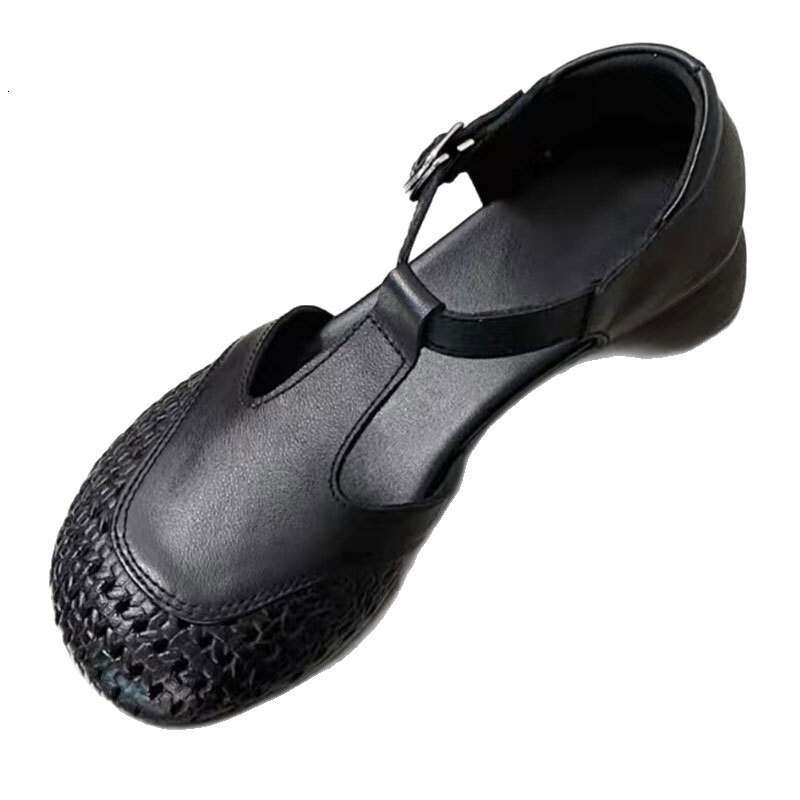 4.0cm French Hollow Woven Mid-Heel Sandals Women, Genuine Leather, Casual Lazy Mules for Moms