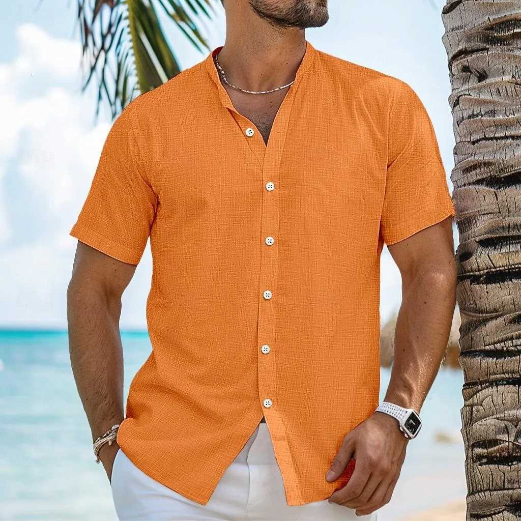 Mens shirt linen stand collar shirt beachwear solid color vacation short sleeve shirt summer clothing fast delivery Y250819