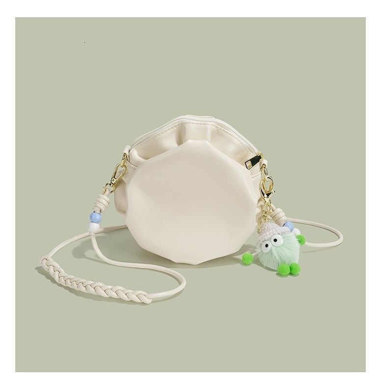 2025 autumn cute girl pleated leather small round bag small bag women's new single shoulder crossbody bag Korean style women's crossbody bag