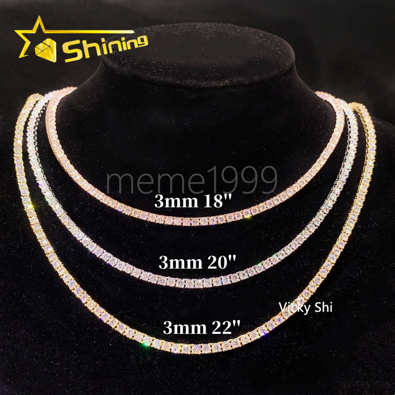 Fast Shipping Hip Hop Iced Out 3mm Moissanite Tennis Chain Men Women 925 Silver Moissanite Tennis Necklace GRA Certificated