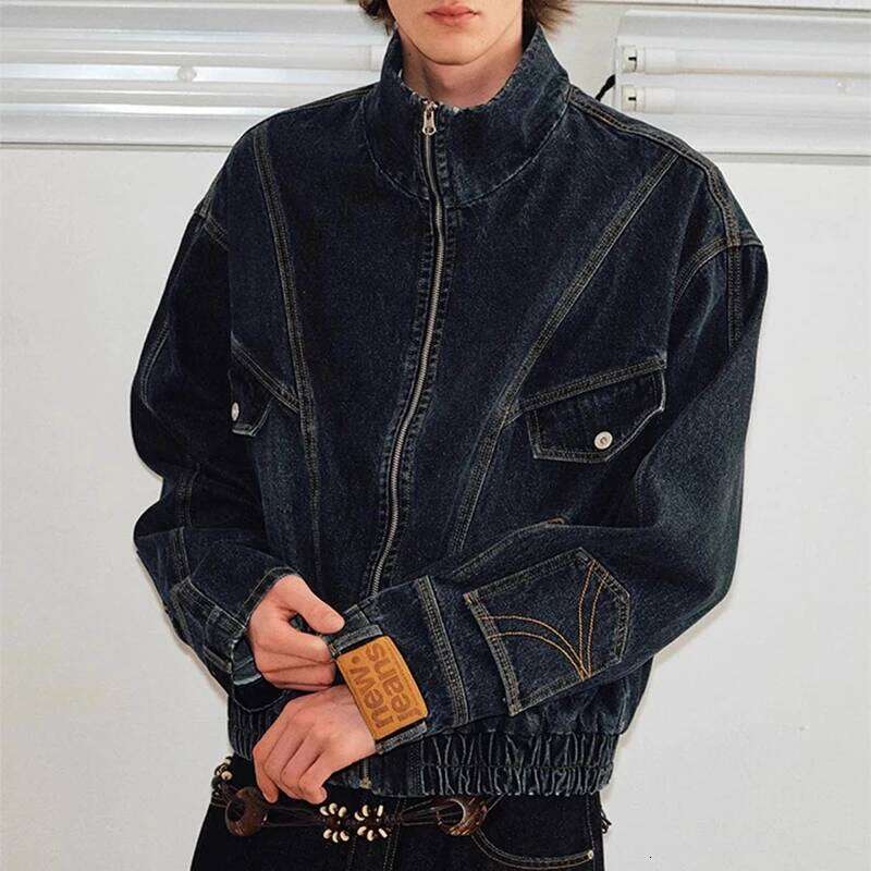 Fashionable Mens Patchwork Jacket Streetwear Vintage Stand Collar Zip-up Denim Jackets For Men Spring Casual Jean Outerwear
