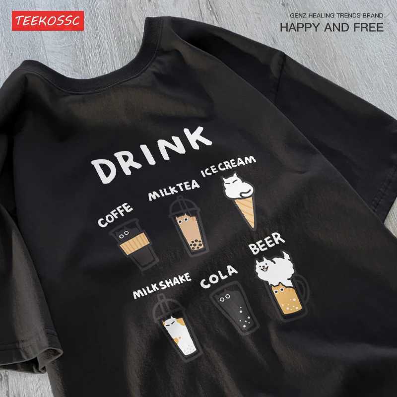 Creative Design Of Cat Beverage Short Sleeve T-shirt Men Women Cat Beverage For Couple Summer Half Sleeve Loose Fit Tee Y250819
