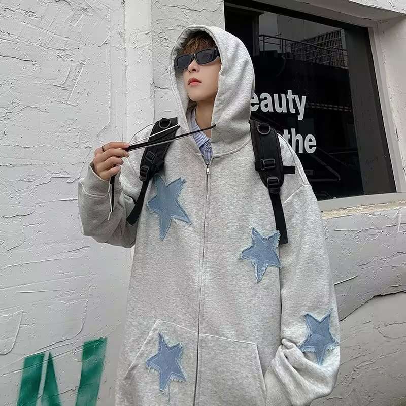Holocene American Style Trendy Brand Star Embroidery Couple Loose Baseball Jacket Men High Street Vibe Flight Sweatshirt
