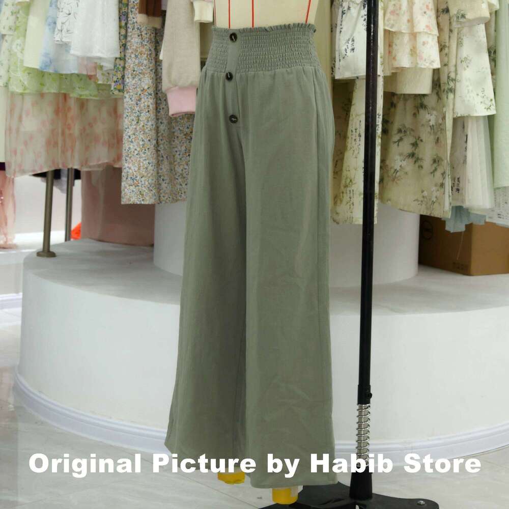 2024 Summer Cotton Linen Wide Leg for Women Full Length Casual Pants Female Solid Loose High Waist Straight Trousers