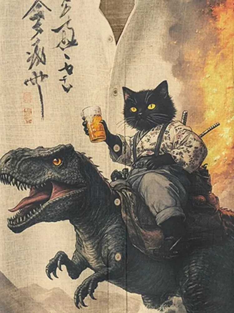 Mens Beige Shirt Black Cat Samurai Dinosaur With Beer Print Short Sleeve Fashion Harajuku Summer 2025 Holiday Shirts Oversized Y250819