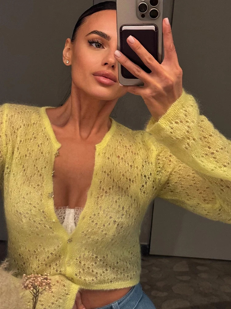 Hollow Out Womens Cardigan Casual Oneck Knitted Single Breasted Full Sleeve Blouse Female Spring Lady Wears w250819