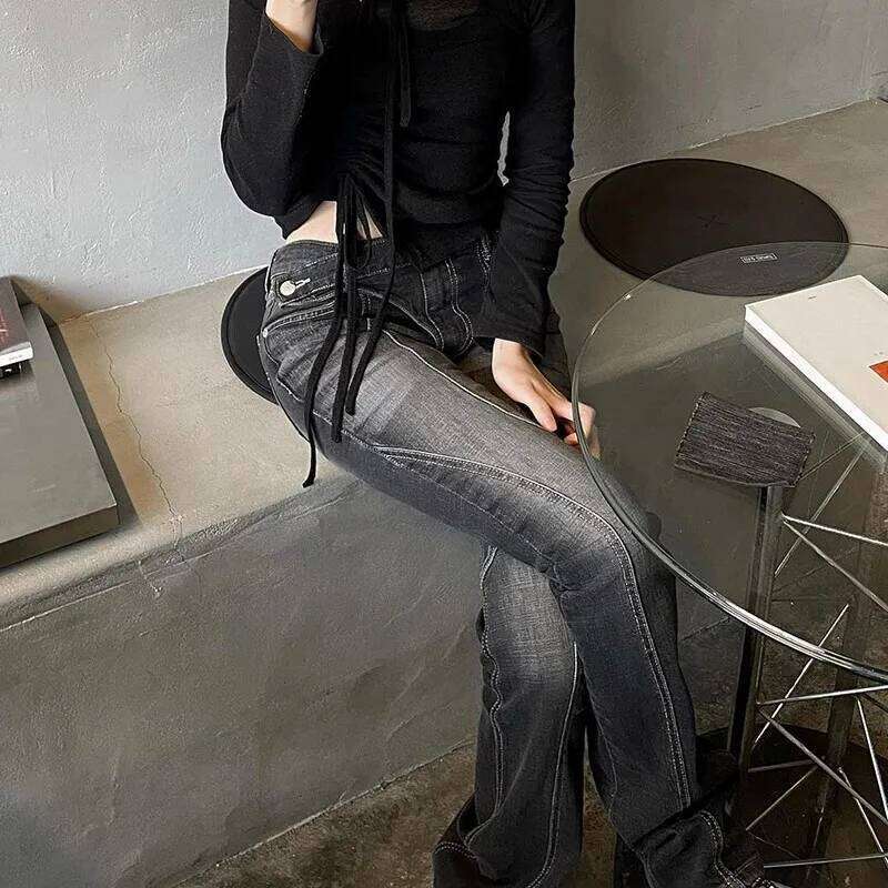 Karrram Vintage Distressed Low Grunge Asymmetrical Waist Denim Pant Korean Fashion Black Flare Jeans Kpop Streetwear