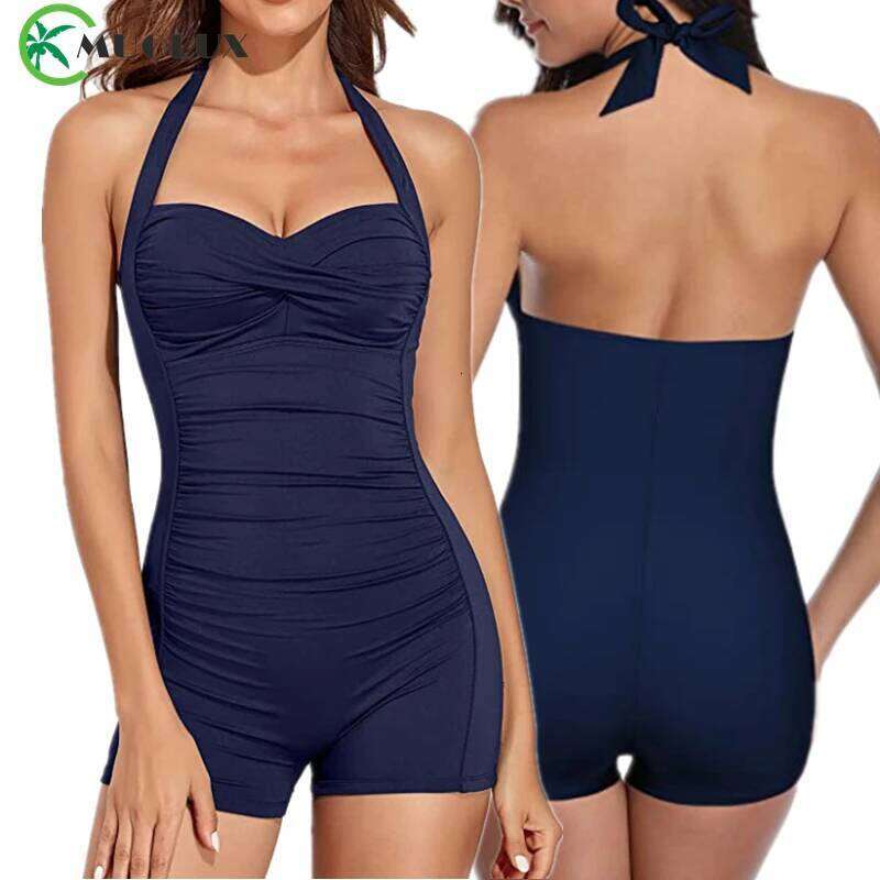 Halter Women's One Piece Tummy Control Swimwear 2024 New Push Up Boyleg Ruched Swimsuit Solid Retro Beachwear Bathing Suit XXL
