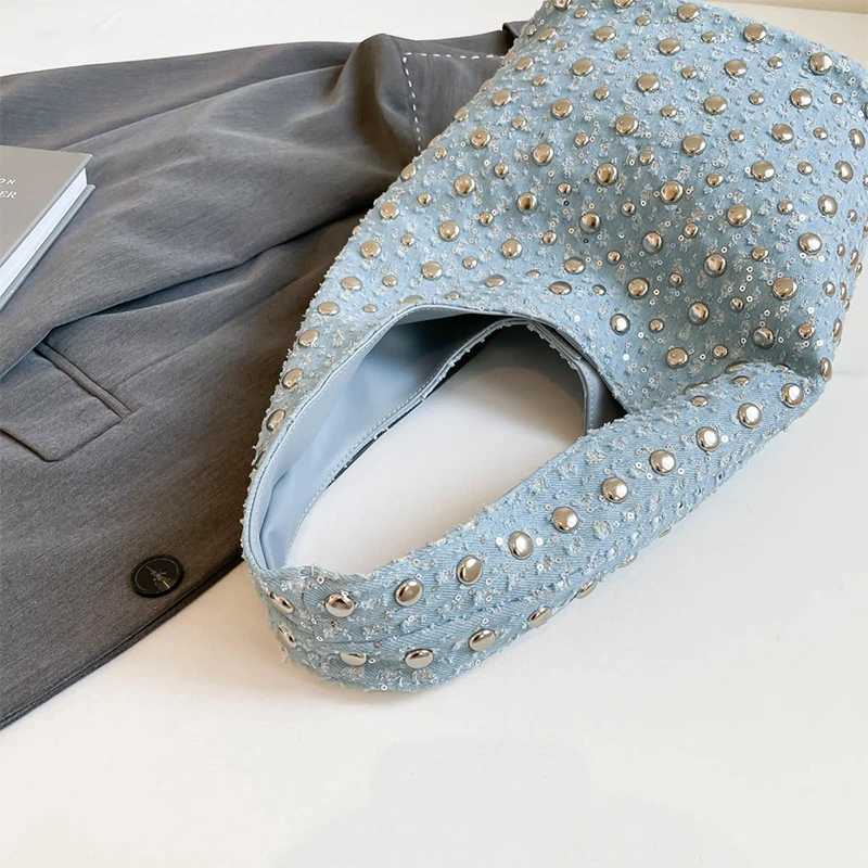 Denim Sequin Underarm Shoulder BagVintage Metal Stud Motorcycle Style HandbagDesigner Blue Chic Women Bucket Tote Bags Y250819