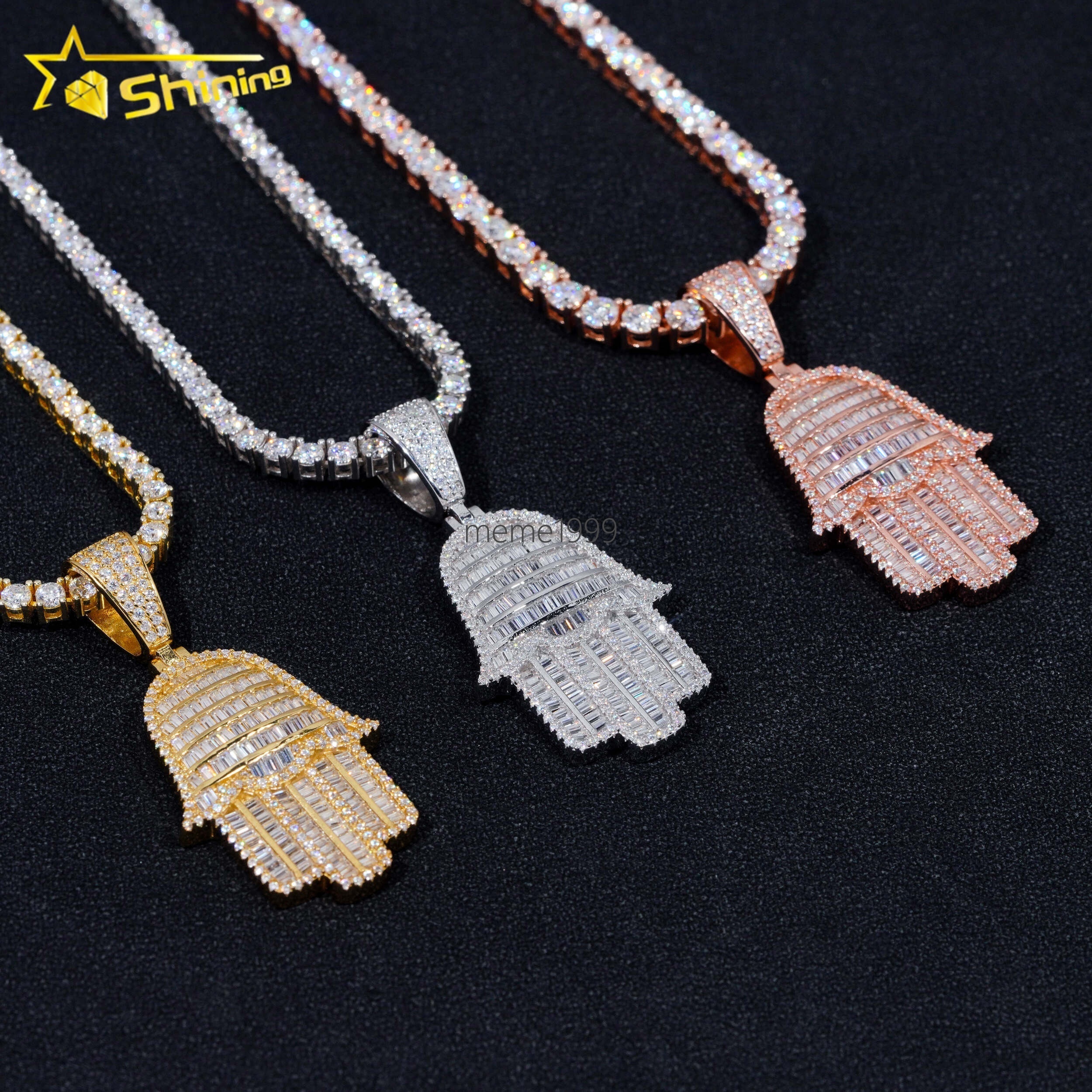 Pass Diamond Tester Hip Hop Jewelry 925 Sterling Silver Gold Plated Iced Out VVS Baguette Custom Moissanite Pendant Hamsa