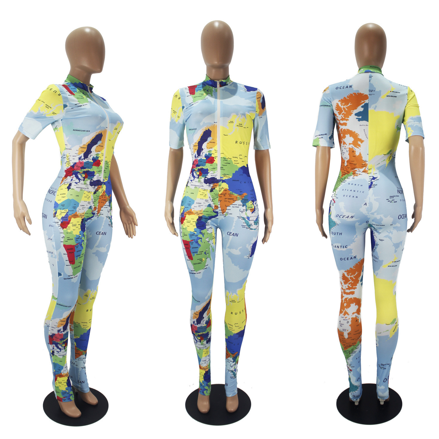 D9346 Womens Sexy Earth Print Zipper Short Sleeve Jumpsuit