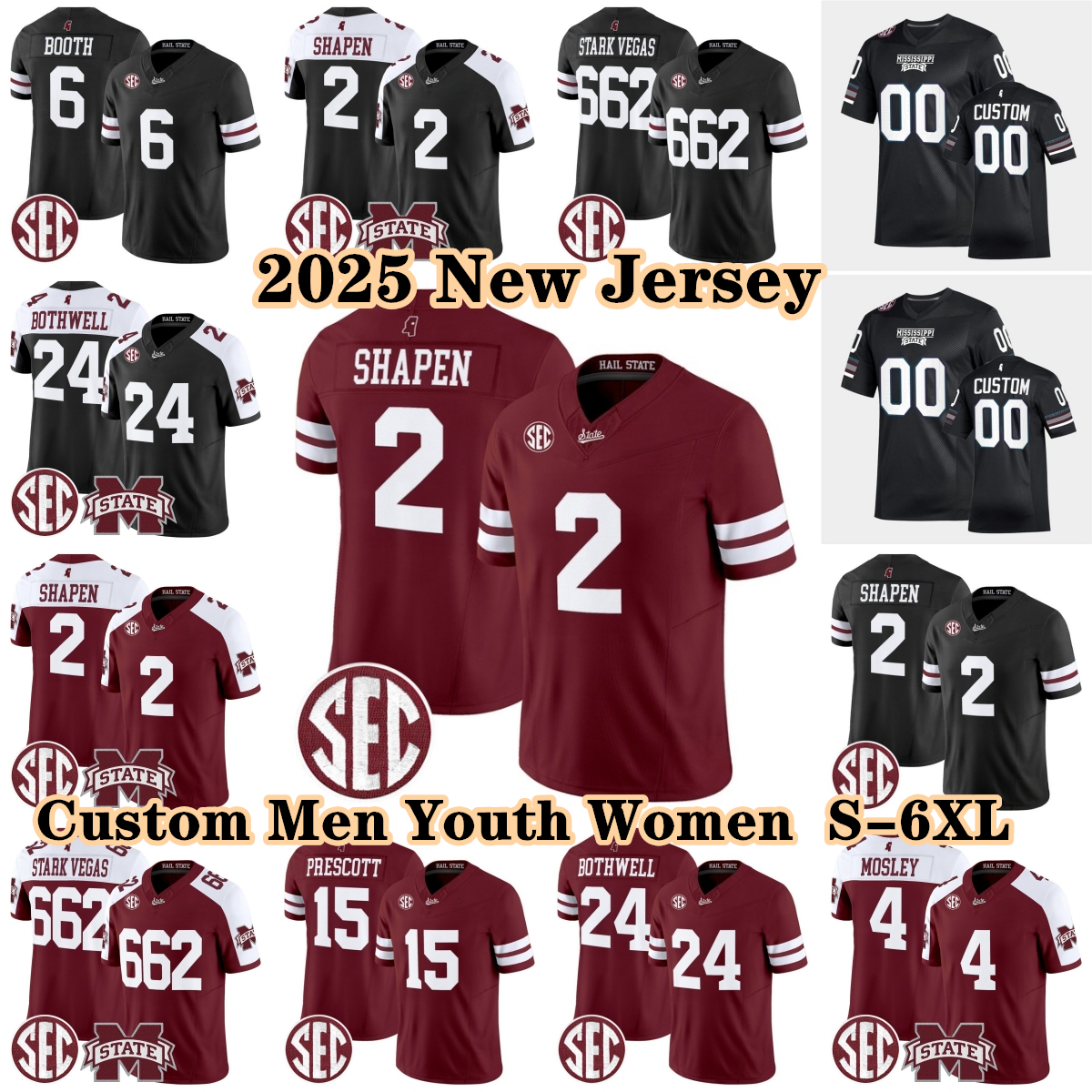 Custom S-6XL Mississippi 2025 State College Football Jerseys 2 Blake Shapen 662 Stark Vegas 6 Davon Booth 24 Fluff Bothwell 15 Dak Prescott 4 Jordan Mosley 11 Buren Jr.