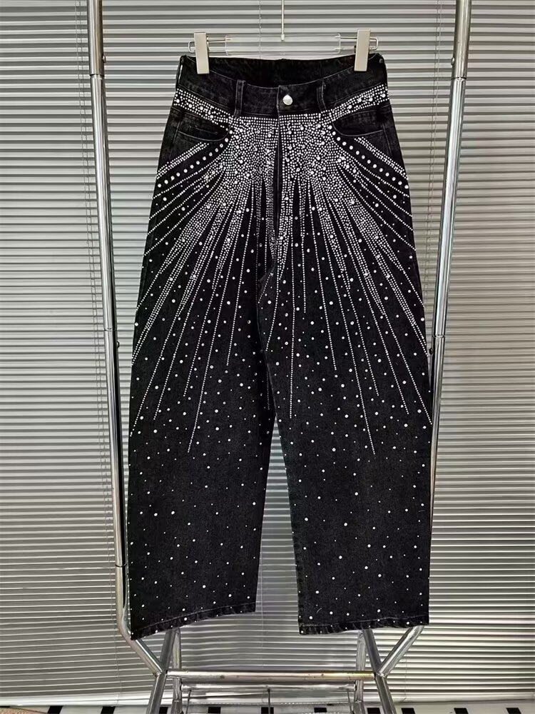 Men's Jeans Heavy Industry Starry Sky Rhinestone Washed Ribbon Streetwear Loose Washed Vibe Straight-leg Pants Trendy For Both Men And Women