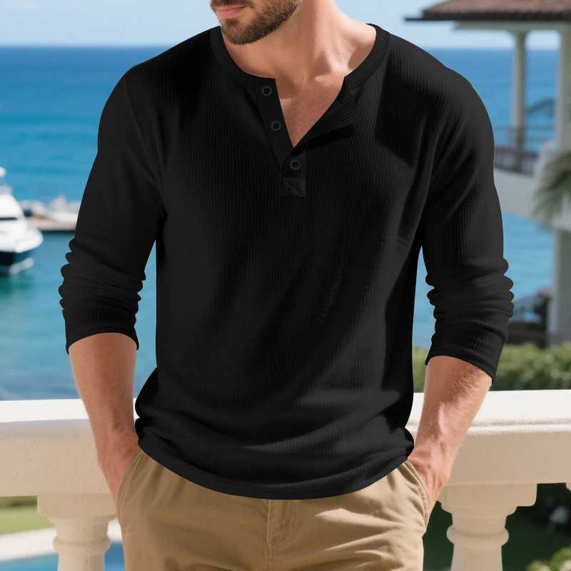 Stylish Mens Long Sleeve Henley Shirts Spring Autumn Daily Casual Solid Color Pullover Tops Mens Fashion Texture Ribbed T Shirt Y250819