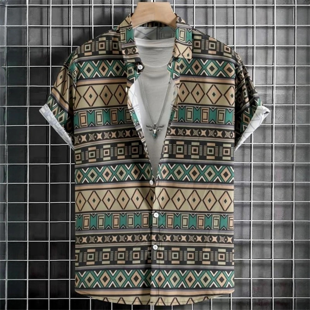 Vintage Hawaiian Shirts For Men Ethnic Pattern Printed Short Sleeve Tops Fashion Casual Clothing Loose Oversized Mens Shirt 250808