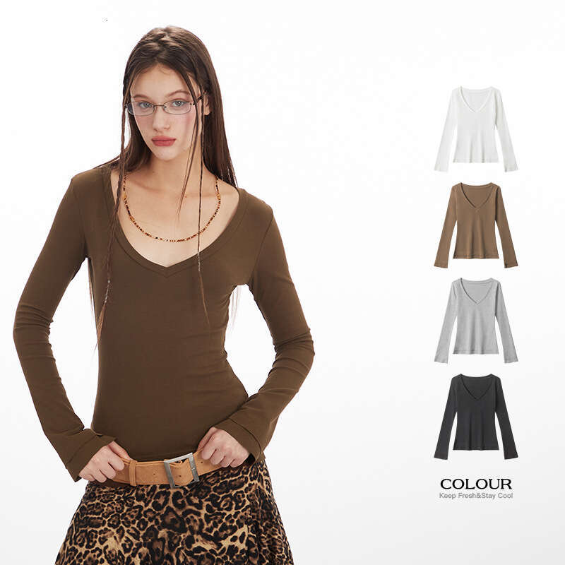 Heyhenry Spicy Girl Style V-Neck Long Sleeve T-Shirt Spring Autumn 25 New Slim Fit Inner Layer Base Shirt Top For Women B5