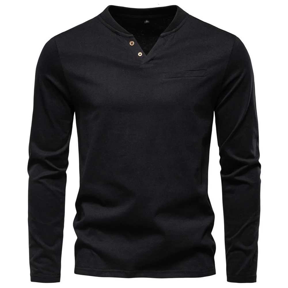 New Autumn 100% Cotton Mens T-shirt Henley T Shirt Men Casual Solid Color Long Sleeve Fake Pocket Fashion T-shirts for Men Y250819