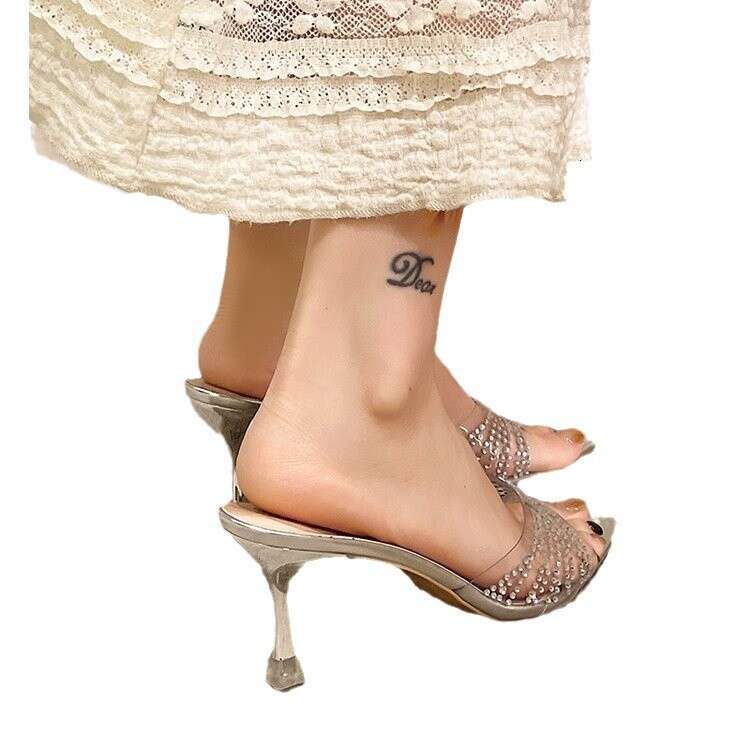 Transparent Rhinestone Stiletto Sandals 2025 Plus Size 35-42 Spring Summer New Solid Color Square Designer Toe High Heel Slippers for Women