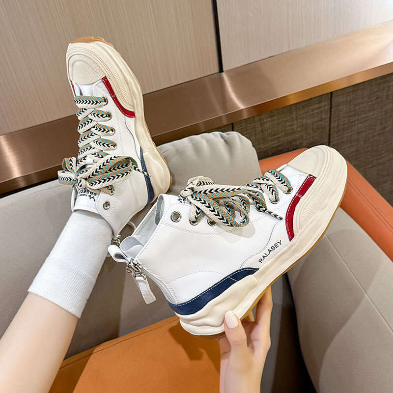 2025 New Spring Genuine Leather High-top European Style Thick-soled White Height-increasing Niche Sports Casual Women's Shoes