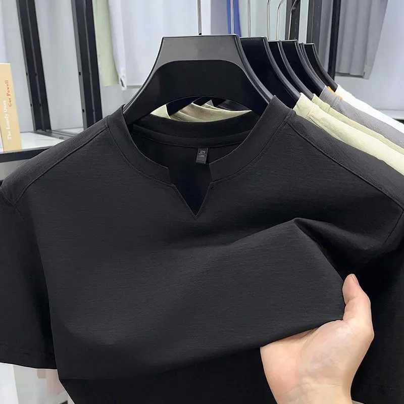 Korean Mens Casual and Fashionable Small V-neck Solid Color Short Sleeved T-shirt Comfortable Summer Versatile Top Y2508191