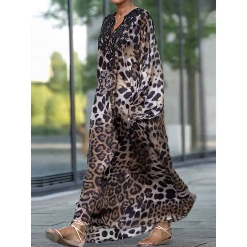 Leopard Patchwork Simple Fashion Party Women Spring Autumn Lantern Sleeve Maxi Dress, Elegant Print V Neck Ladies Dress