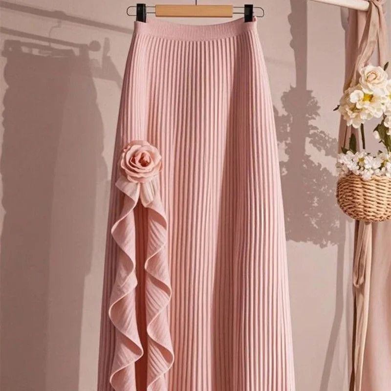 Spring Autumn Winter Elegant Irregular Pleated Skirt for Women Elastic A-line High Waist Midi Skirt White Black Flower Skirts 250820