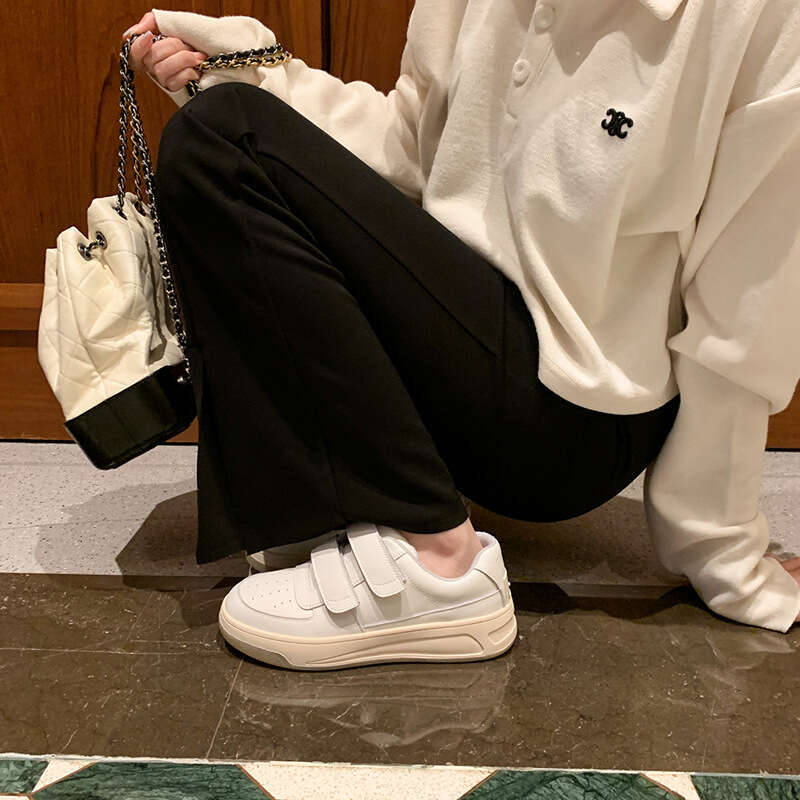 Sheepskin Version ~ Smiley Face Velcro White Sneakers for Women Genuine Leather Round Toe Thick Sole Versatile Casual Height Increasing Sports Shoes T