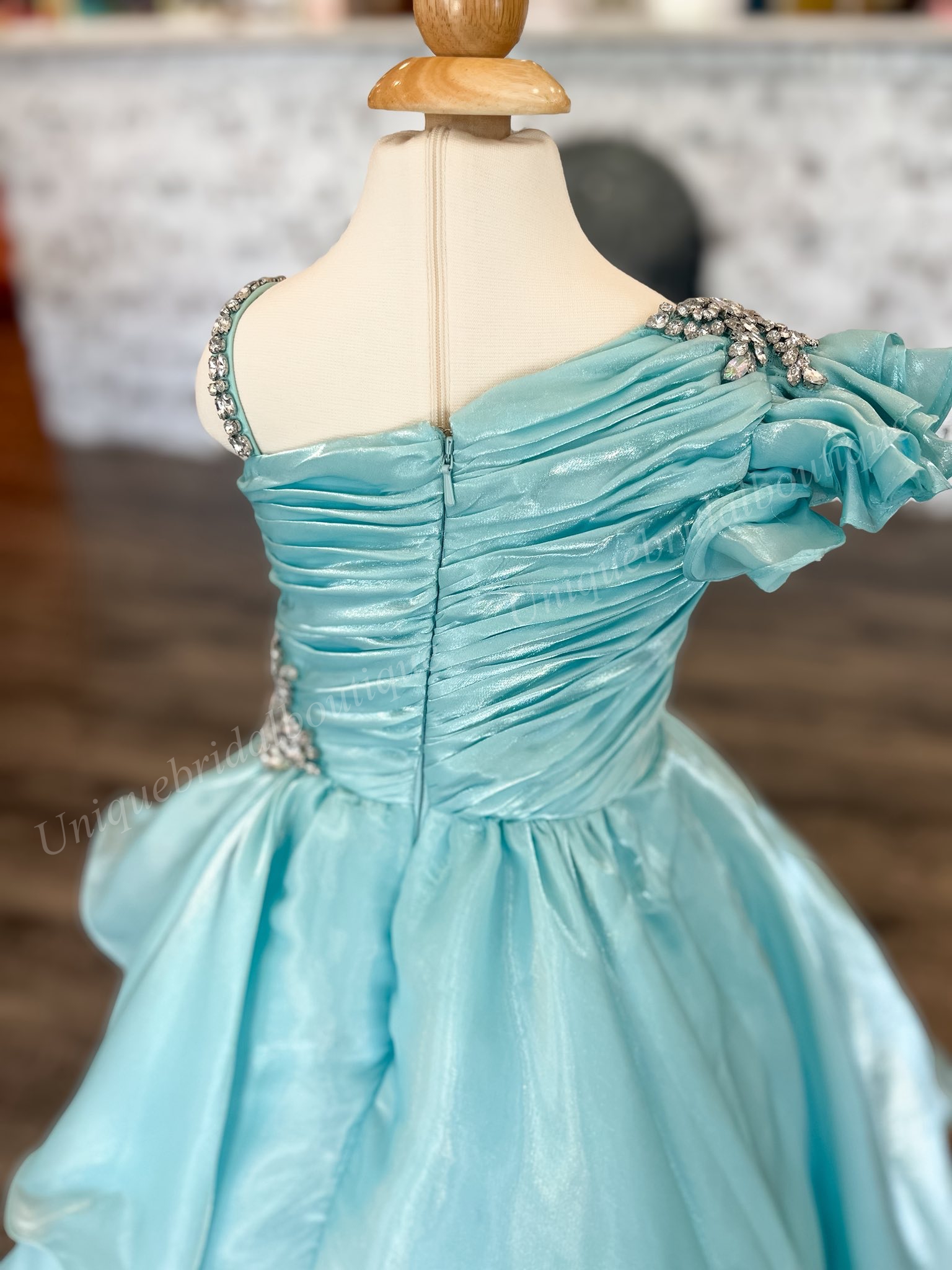 Pink Girl Mini Pageant Queen Dress One-Shoulder Mint Layer Organza Princess Little Kid Birthday Portrait Cocktail Party Gown Teen Miss On-Stage Appear