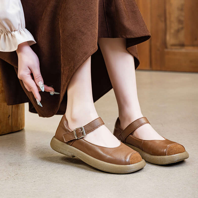 2025 New Summer Autumn Forest Style Top Layer Cowhide Round Toe Women Versatile Genuine Leather Matching Dress Mom Single Shoes