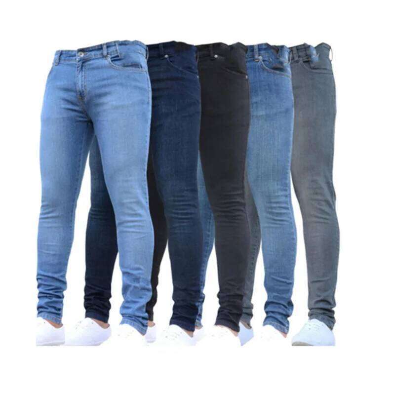 2024 Solid Color Fashion Casual Pants Stretch Skinny Work Trousers Male Wash Slim Fit for Zippered Jeans Men Clothing