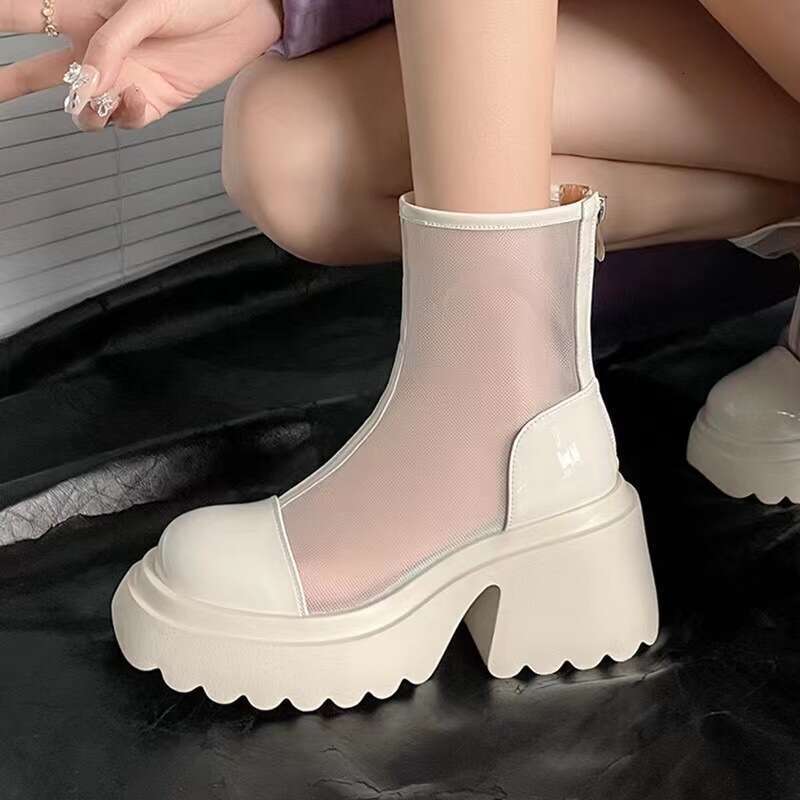 Summer Thin for Women 2023 New Martin Hollow Mesh Sandals British Style Breathable Chunky Heel Short Boots