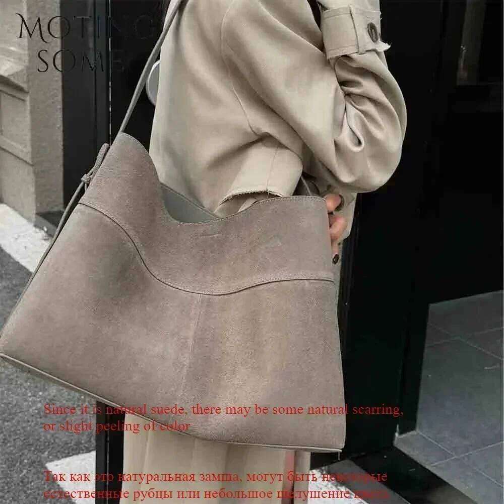 Designer Bags Motingsome Oversize Women Bag Suede Leather Winter Bags Frosted Cow Skin Handbag And Purses Retro Lady Tote 2024 New Luxury Bag