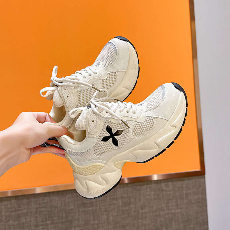 2024 New Autumn Winter Dad Shoes for Women Cross Flower Genuine Leather Thick Sole Height Increasing Mesh Breathable Fashion Casual Sneakers