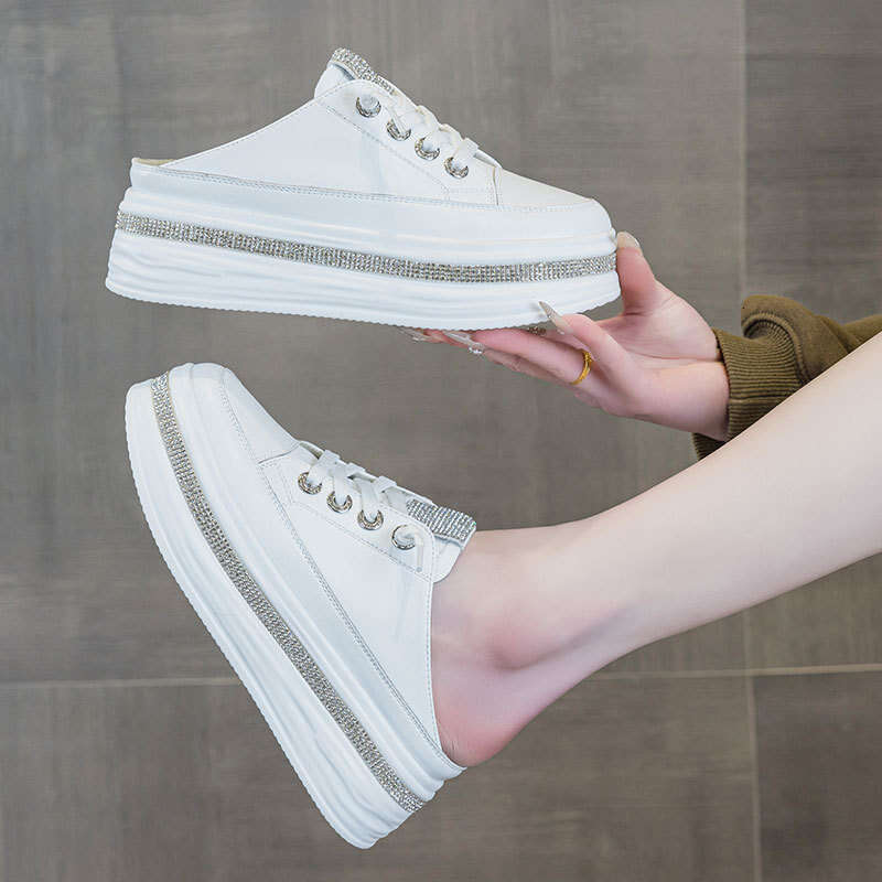 2025 New Genuine Leather 6CM Height Increasing Polyurethane Rhinestone Summer Breathable Sandals Women Thick Sole Half Slippers Trendy